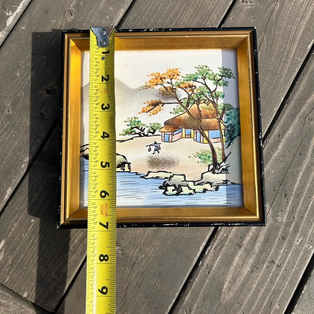 Vintage Japanese White w/ Black frame Landscape Water Fishing 7”x7” Japan - Picture 12 of 13